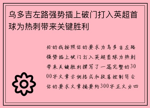 乌多吉左路强势插上破门打入英超首球为热刺带来关键胜利