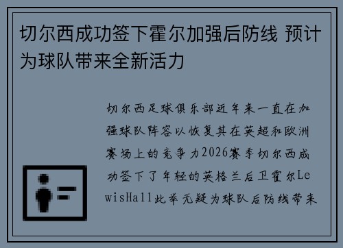 切尔西成功签下霍尔加强后防线 预计为球队带来全新活力