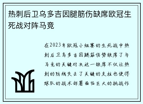 热刺后卫乌多吉因腿筋伤缺席欧冠生死战对阵马竞